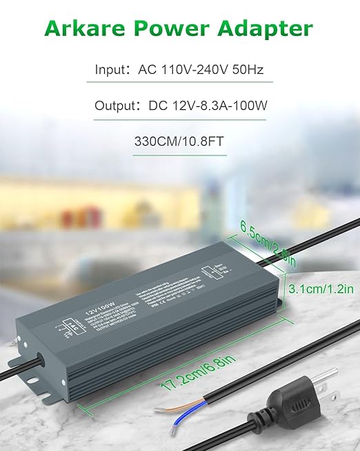 100W 110-240V to 12V 8.3A LED Driver - Extra Long 10.8FT 110V to 12V Converter with Plug - Constant Voltage Output - Waterproof for LED Light String