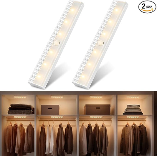 maylit 2 Pack Closet Lights Motion Sensored, Battery Operated Light Indoor, Wireless Magnetic Night LED Bar, Stick on Lighting for Stair, Shelf, Hallway, Bed, Pantry, Under Cabinet, 3000K Warm White