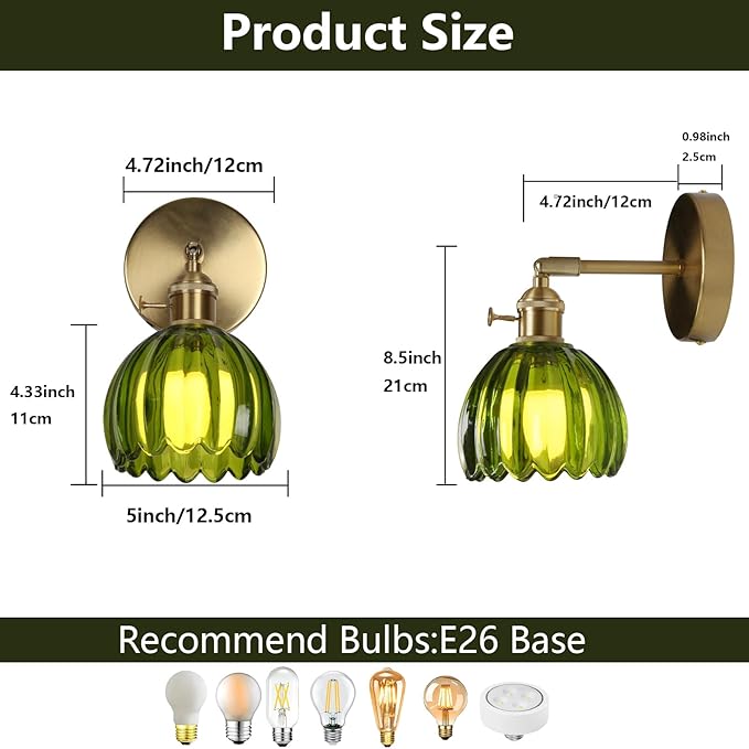 HuisMier Vintage Wall Sconces with Green Tulip Glass Lampshade, Modern 180 Degree Adjustable Brass Wall Sconces with Switch for Bathroom Bedroom Living Room Hallway, Hardwired