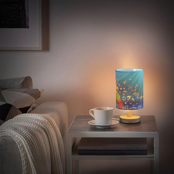 Table Lamp Underwater Sea Fish Coral Ocean Sunshine Nightstand Lamp with Wood Base Fabric Lamp Shade Bedside Desk Lamp for Living Room Bedroom Kids Room Office