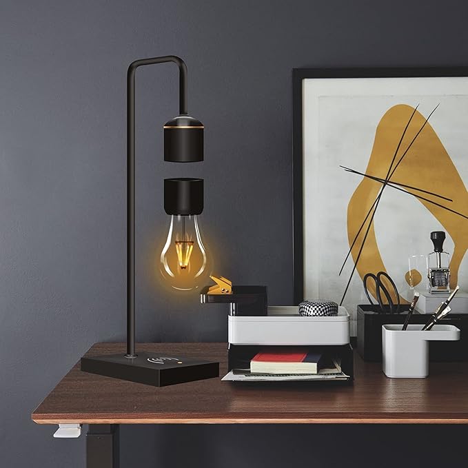 Unique Modern Levitating Lamp with Floating Light and Built-in Qi Wireless Charger, Simplistic and Innovative Design, Warm Decorative Night Light (Black Bulb)