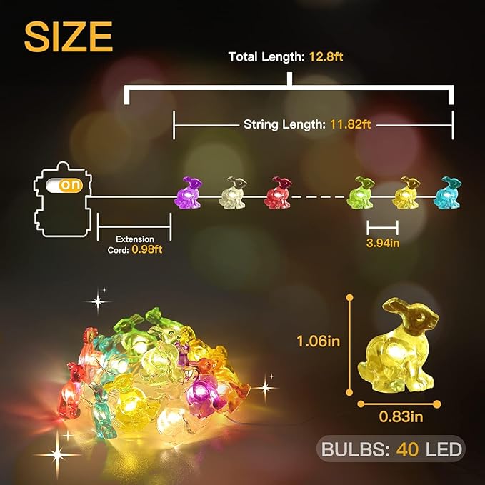 suddus Easter Bunny Battery Operated String Lights, 12.8ft 40LED Waterproof Colorful Easter Fairy Lights with Timer, Easter Lights String Led for Indoor, Tree, Mantle, Table, Outdoor, Spring Decor
