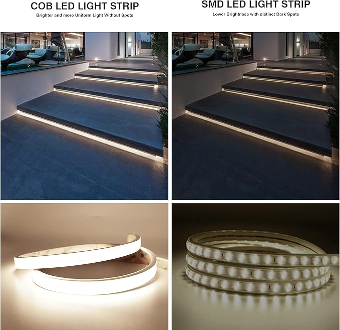 COB LED Strip Lights,Natural White 4000K,DC24V IP67 Waterproof LED Strip,480LEDs/M,16.4ft/5M,8MM Wide,CRI90+,Outdoor cob led Strip for Bathroom Decor,Pool,Garden (Power Not Include)