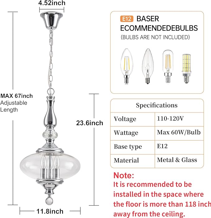 Modern Kitchen Island Pendant Light Polished Chrome Glass Pendant Light for Kitchens, Dining Rooms Stairs W 11.8 in. H 23.6 in.