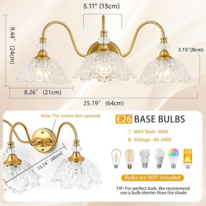 Vintage Bathroom Vanity Light, 3-Light Matte Brass Finish Vanity Light with Floral Clear Glass Shades, Retro Wall Sconce for Bathroom, Dressing Table