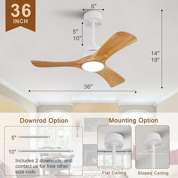 36 inch Ceiling Fan with Light and Remote Control,Wall Switch,Solid Wood Blades,Dimmable,Reversible Quiet DC Motor,Power Off Memory Modern White Ceiling Fan for Bedroom Patio Indoor/Outdoor