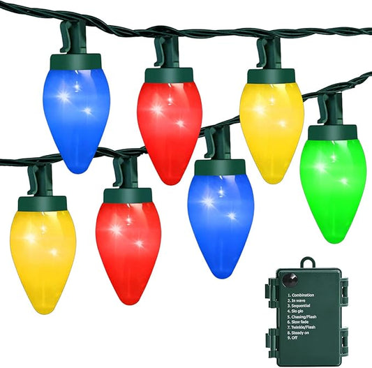 C7 35 LED Battery Operated Christmas Lights,Battery Powered Multicolor Waterproofing Bulbs,13FT 8 Modes with Auto On/Off Time for Xmas Tree Garden Patio Indoor Outdoor Christmas Decorations