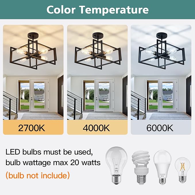 ZGLAOJT Motion Sensor Ceiling Light Fixture 4-Lights Semi Flush Mount Ceiling Light Black Industrial Indoor Chandelier for Kitchen Living Room Bedroom Farmhouse Hallway Foyer