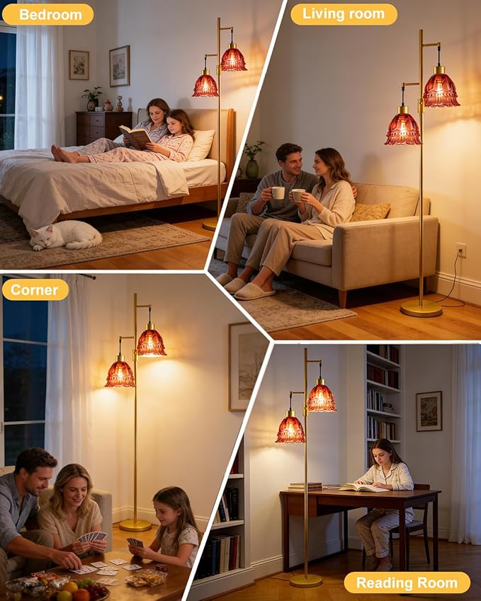 Gold Dimmable Floor Lamp for Living Room, 2-Light 65IN Tall Standing Lamps with Rose Red Glass Lampshade, 3000K Warmwhite Mid Century Modern Floor Lamp for Bedroom/Home Office/Corner