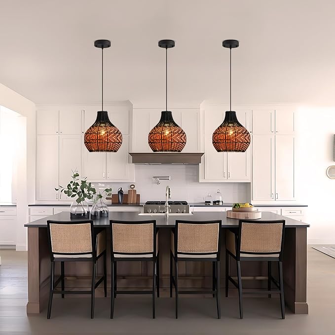 3-Pack Rattan Pendant Light,11" Hand-Woven Black Brown Faux Rattan Hanging Light Boho Wicker Basket Chandelier,for Living Room Bedroom Kitchen Dining Farmhouse