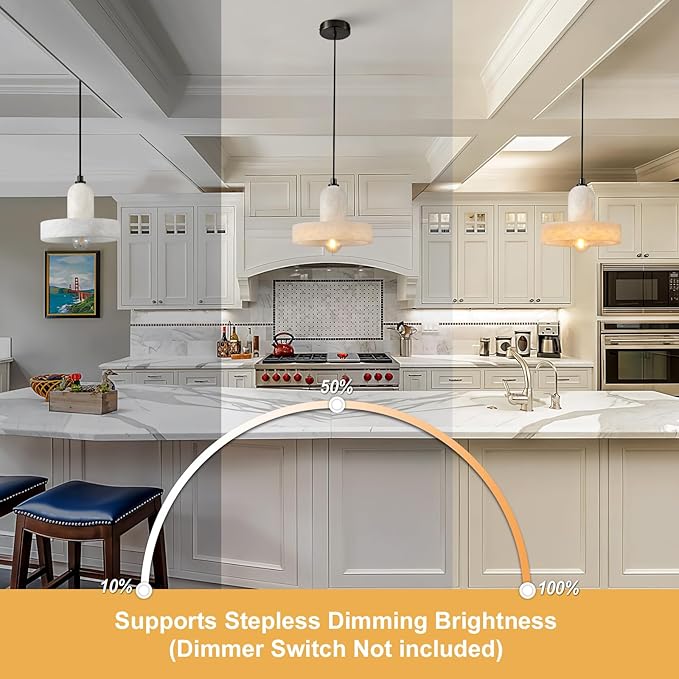 Alabaster Pendant Light Kitchen Island, Black Hanging Light Fixture with Natural Alabaster Stone Shade, Adjustable Pendant Lighting Over Sink, Dining, Bar, Counter - 2 Pack