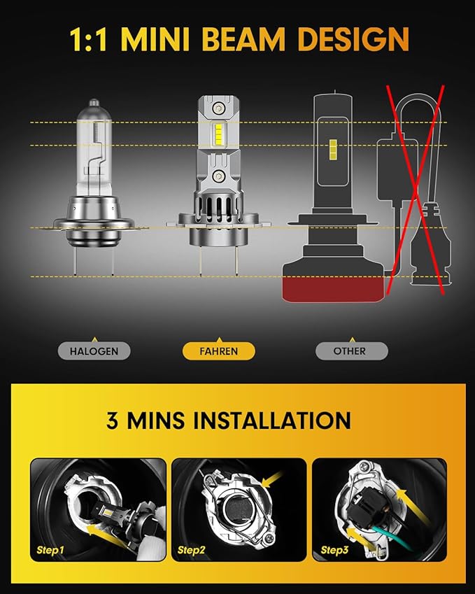 FAHREN Upgraded & Brightest H7 Led Bulbs, (𝟏,𝟐𝟎𝟎%) 𝟏𝟐𝐗 𝟕𝟎,𝟎𝟎𝟎𝐋𝐌 Ultra Bright 6500K H7 fog light, Mini Size No Adapter Needed.IP68 Waterproof,Plug and Play, Pack of 2