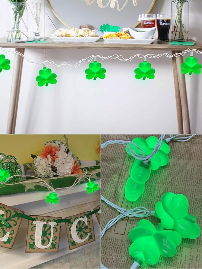 SUNSGNE St. Patrick's Day Lights Shamrocks Decorative String Light, Lucky Clover String Lights with 10 LED Green Fairy Bulbs for Indoor Outdoor St. Patrick's Party Holiday Decor, White Wire