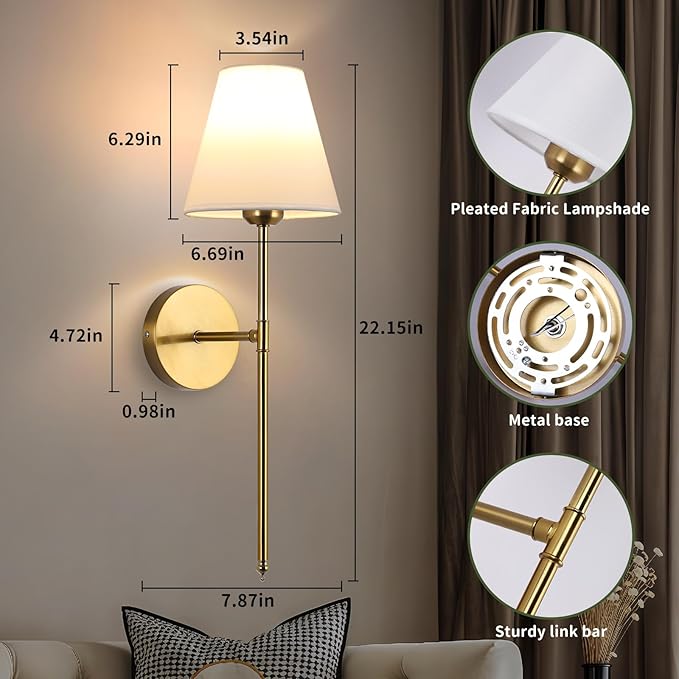Battery Operated Wall Sconce Set of 2, 15 Colors Wireless Wall Light With Dimmable Remote Control Last 18-50 Hours, Gold Rechargeable Wall Lamp With White Fabric Shade For Living Room Bedroom Hallway