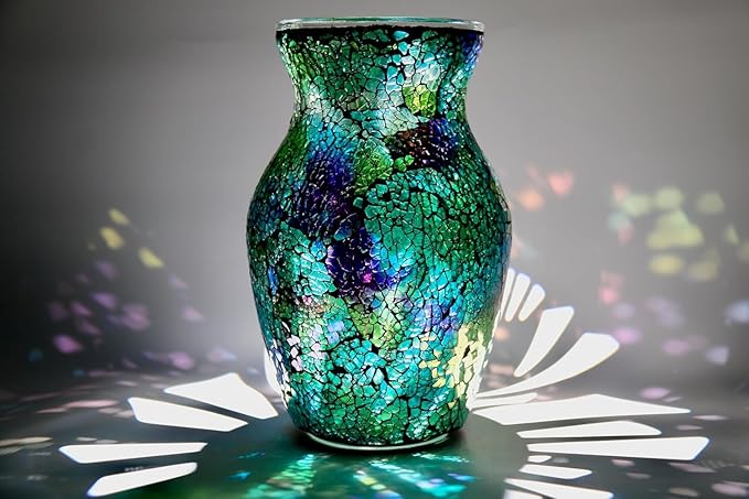 8-Inch Handcrafted Mosaic Cracked-Ice Vase Bedside Lamp with USB-Powered LED Wooden Base,Single-Switch Auto-Cycle RGB Mood Light, Purple-Green Vase USB Night Light for Party,Camping Decor