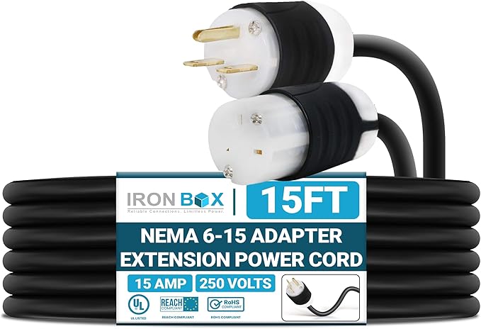 IronBox Electric - NEMA 6-15 Adapter Extension Power Cord - Rated for 15A/250V - 14 AWG Jacket - Heavy Duty Extension Cable - Weatherproof Design - Ideal for Indoor and Outdoor Use (15 feet, Build)