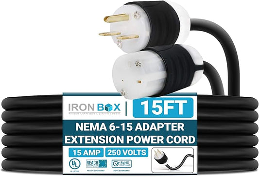IronBox Electric - NEMA 6-15 Adapter Extension Power Cord - Rated for 15A/250V - 14 AWG Jacket - Heavy Duty Extension Cable - Weatherproof Design - Ideal for Indoor and Outdoor Use (15 feet, Build)