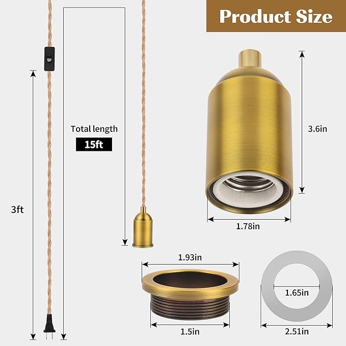 Plug in Pendant Light Cord with Switch, 15 FT Hemp Color Vintage Double Braided Woven Rope, Hanging Lights with Plug-in, E26 Socket, DIY Swag Lamp Kit for Lantern, Pendant & Hanging Fixtures, 2-Set