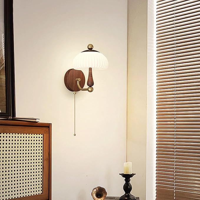 Retro Nordic Unique Creative Design Walnut Wood Grain LED Wall Sconce Mushroom Pleated PE Lampshade Pull Chain for Living Room Bedroom Hotel Bedside Hallway Study Ambient Deco