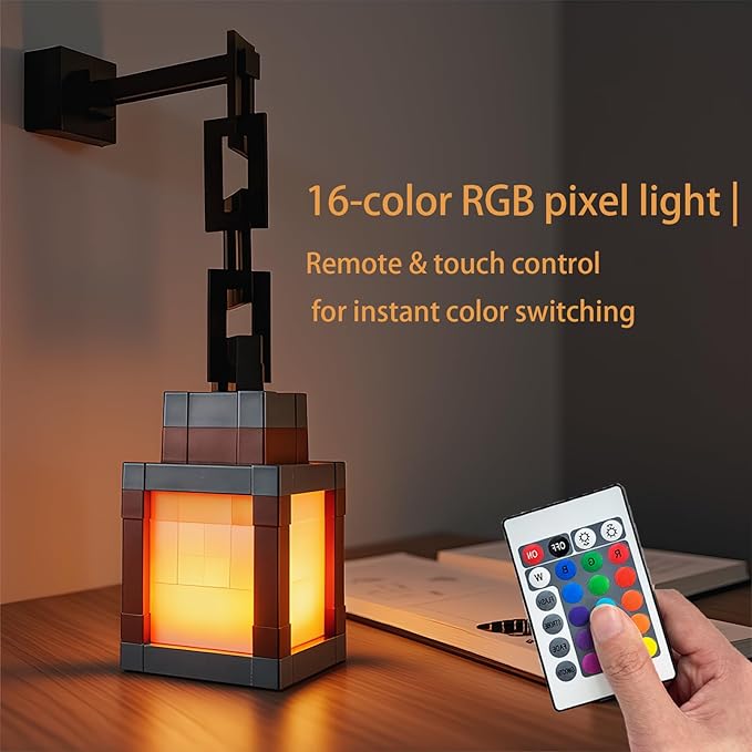 Pixelated Lantern Night Light, 16 Color Retro Mood Light, Wall and Desktop Mounted Night Light with USB Charging Remote Control, Suitable for Decorating Bedrooms and Game Rooms for Boys and Girls.