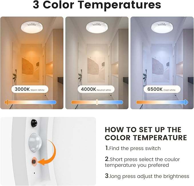 Motion Sensor Ceiling Light,Cordless Closet Light Battery Operated,3 Color Temperatures,Remote Control,Rechargeable Magnetic Mount LED Shower Lights for pantry,Stairs,Garage,Hallway (White 2 pack)