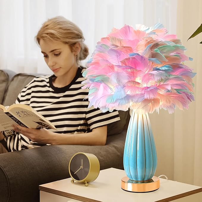Colorful Feather Lamp Modern Feather Table Lamp Romantic Rainbow Bedside Lamp Nordic Fluffy Princess Nightstand Light for Girl Bedroom Living Room Entry Office Wedding Atmosphere