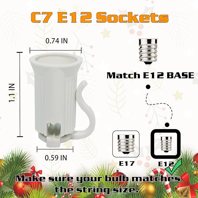25FT C7 Light String Christmas Stringer, E12 Christmas Sockets 12" Spacing, C7 Stringer Set Green Outdoor String Light for Wedding Patio Event Lighting Decor, White Wire
