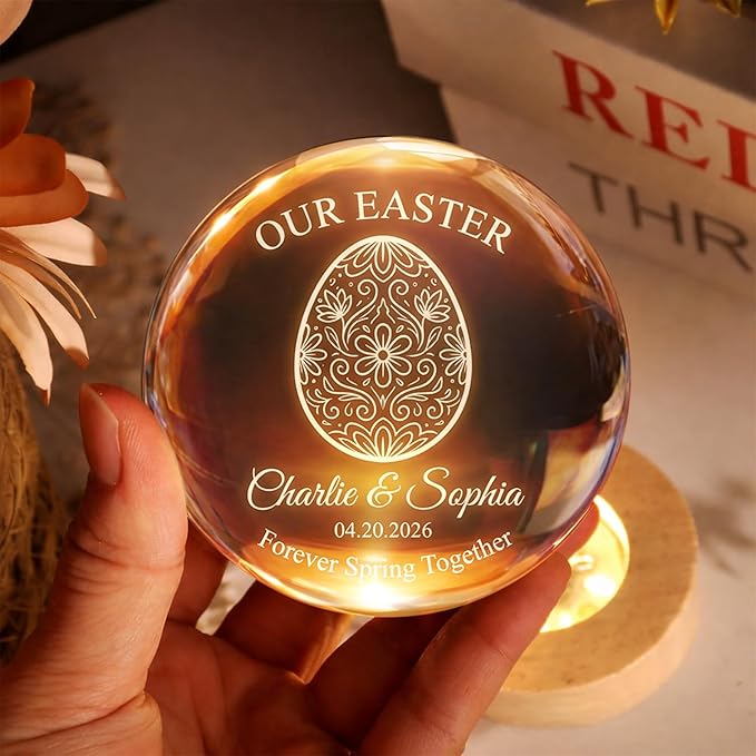 Personalized Easter Egg Crystal Ball LED Night Light, Custom Name Glass Globe Lamp with Date, Engraved Floral Egg Design Spring Keepsake Gift for Couples Family Anniversary
