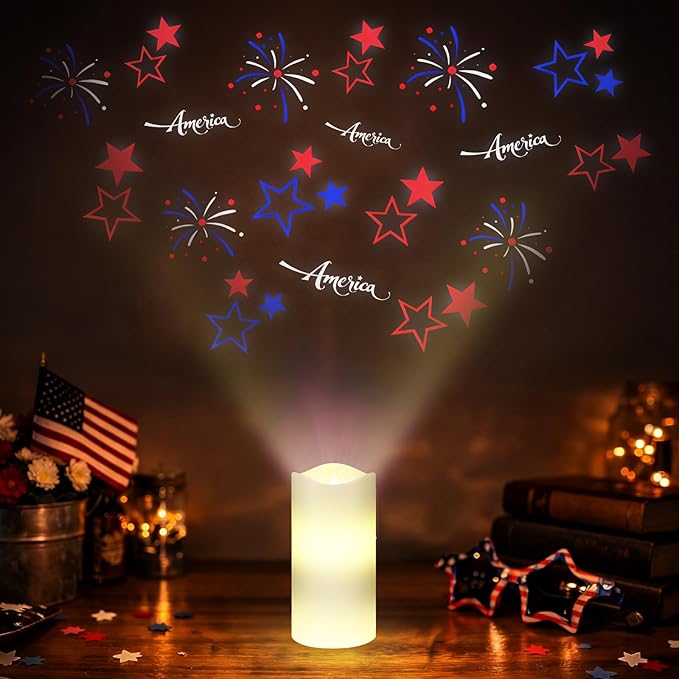 4th of July Flameless Candle Patriotic Projector Light USA 250th Anniversary Decoration LED Candle Battery Operated Night Light with Remote Timer Independence Day Memorial Red White Blue Table Decor