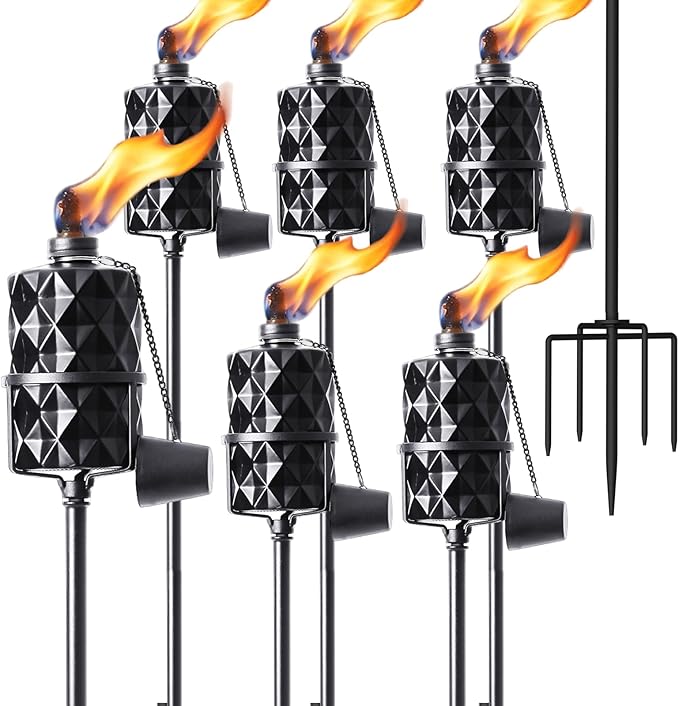 6 Pack Glass Torches, 13.5 oz Citronella Torches for Outside, Citronella Torches with 5-Prong Grounded Stake, Landscape Lanterns Torches for Garden, Patio, Party Decor (Black)