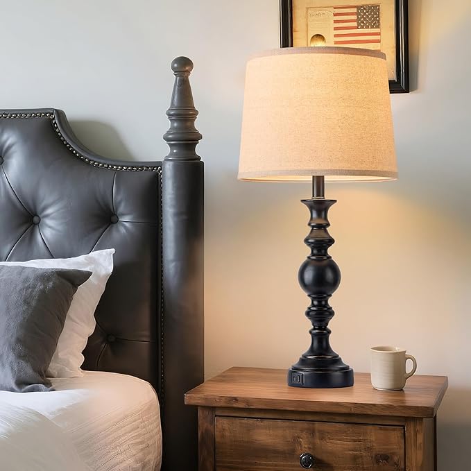 Farmhouse Lamp for Bedroom Set of 2, Table Lamp for Nightstand with Dual USB Charging Ports, 28" Table Lamps for Living Room, Bulb Not Included