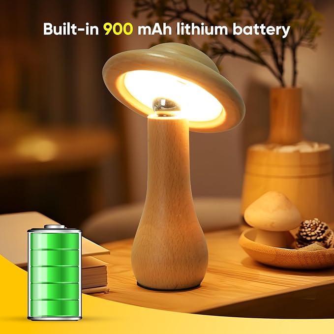 Portable Cordless Touch Switch Small Wooden Mushroom Lamp,Rechargeable Battery Operated, Stepless Dimming, 360 Degree Rotation Angle Adjustable Night Light