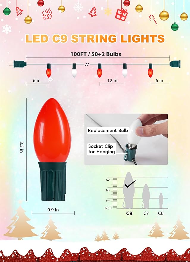 Vintage C9 LED Christmas Lights Outdoor, 100 Feet C9 String Light with 50 Shatterproof C9 Bulbs, Waterproof Connectable Christmas Tree Lights for Outside Roofline Patio Xmas Decor, Red & Pure White