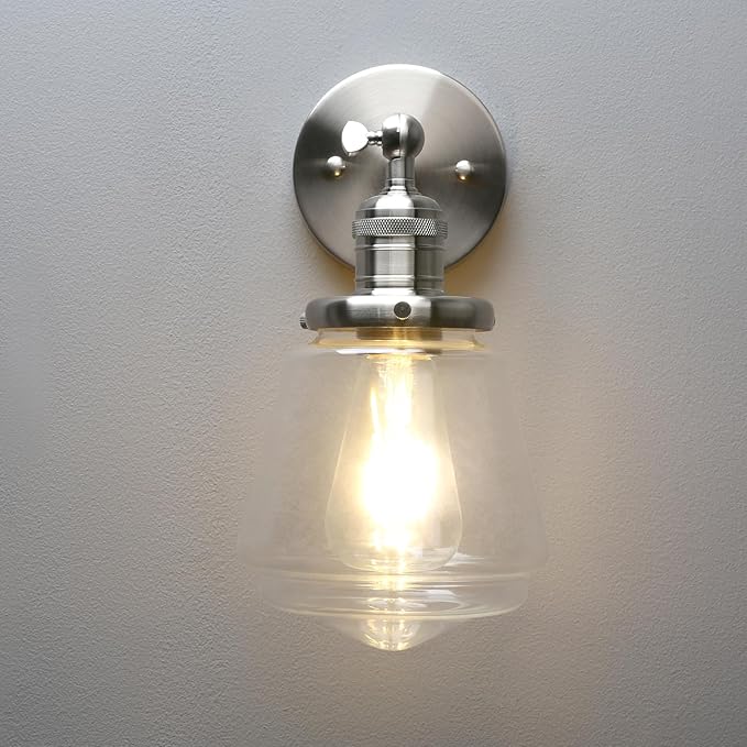 Phansthy Wall Sconces Light Fixture Industrial Wall Lamp, 180 Degree Adjustable Bathroom Vanity Light, Wall Light with Glass Shade Wall Decorative Lighting for Kitchen Living Room Hallway (Brushed)