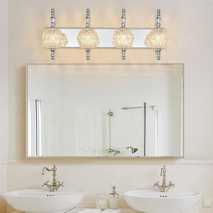 Modern Crystal Bathroom Vanity Lights Fixtures Over Mirror Chrome Vintage 4-Lights 28 Inch Bathroom Light Fixtures Glass Crystal Vanity Lights