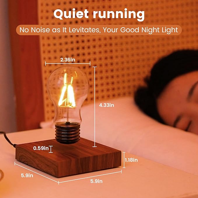 Levitating Lamp,Floating Light Bulb,Magnetic Levitating LED Desk Lamp for Unique Gifts,360 Degre Rotating Night light,Levitating Cool lamps for Home & Office,Birthday Christmas gift,Square Wooden Base