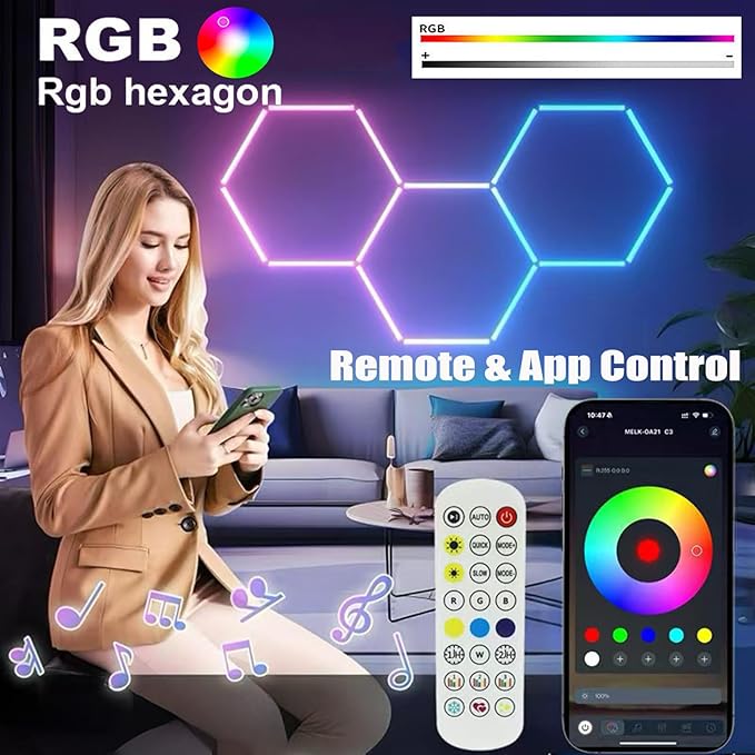 25Pack RGB Hexagon led Garage Lights,RGB 5Hexagon Light with Multi Color,Dimmable&Speed Adjustable RGB Hex Wall Lights,DIY Design for Remote Control & Smart App Control Music Modes