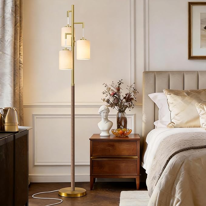 70" Dimmable Floor Lamp Wood Floor Lamps for Living Room Bedroom Mid Century Modern Floor Lamp Gold Standing Lamp Tall Lamps for Office Nursery Reading Elegant Stand Up Lamp, 3 Bulbs Included