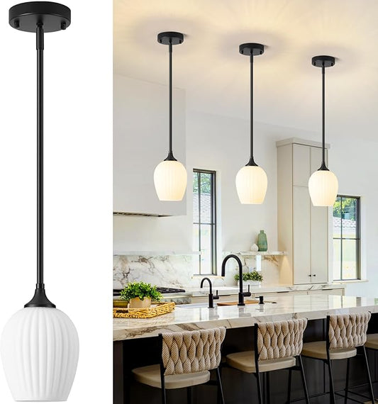 Milk Glass Pendant Lights Kitchen Island, 1-Light 5.8" Black Modern Pendant Light Fixtures with Rods, Mini Hanging Lighting for Kitchen Island Sink Bathroom Dining Room, E26 Base