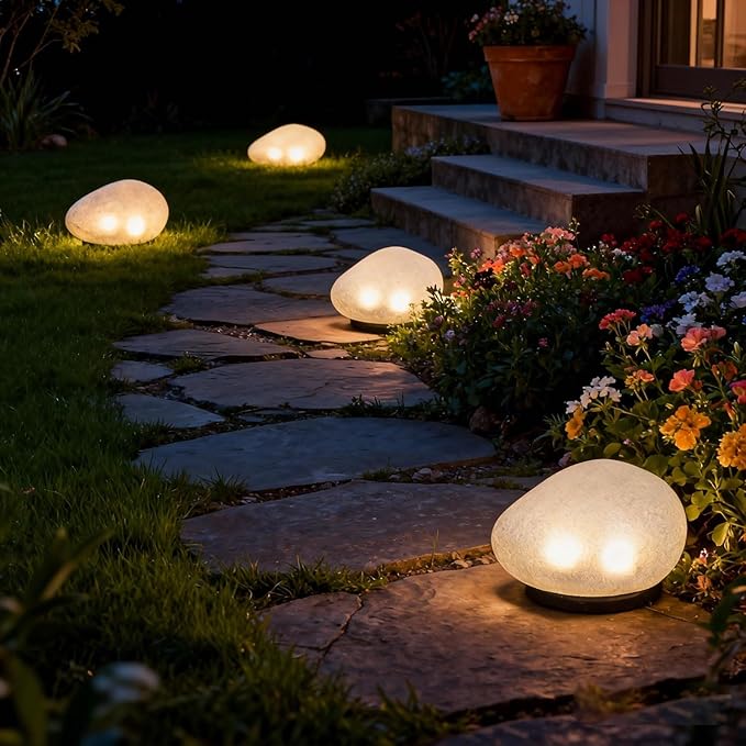 Solar Rock Garden Lights 2 Pack, Waterproof Outdoor Stone Lights, Warm White LED for Yard, Lawn, Pathway, Patio Decor