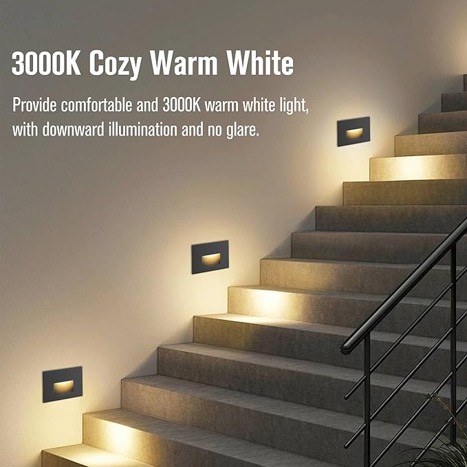 Stair Lights Outdoor Indoor LED Step Lights, 12V Low Voltage Light for Stairs 4W 3000K Warm White, IP66 Waterproof Deck Stairway Light, Horizontal, Black 6-Pack