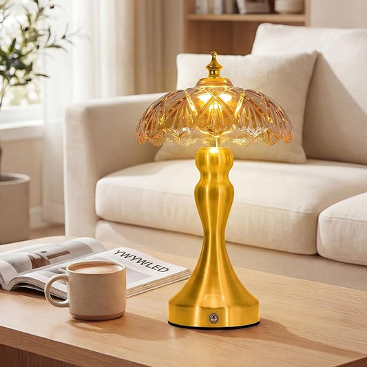 Cordless LED Table Lamp with Glass Shade, 3-Level Brightness & 3 Color Temperatures Touch Control, Rechargeable Portable Bedside Lamp for Nightstand Bedroom Living Room (Amber)