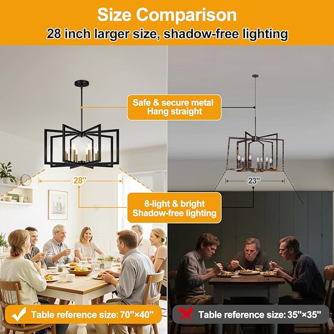 28" Modern Black and Gold No Assembly Required Chandelier for Dining Room, Black and Gold Dining Room Light Fixture Over Table, Industrial Metal Hanging Pendant Light for Kitchen Island, Entryway