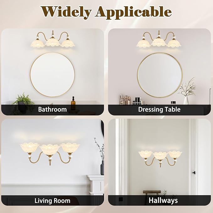 Vintage Bathroom Vanity Light, 3-Light Matte Brass Finish Vanity Light with Floral White Glass Shades, Retro Wall Sconce for Bathroom, Dressing Table