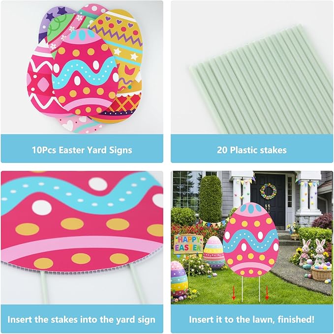 Large Easter Yard Signs 10pcs with Stakes Colorful Eggs Decorations Outdoor Holiday Welcome Signs for Happy Easter Themed Festival Party Supplies, Lawn, Garden Yard Decor
