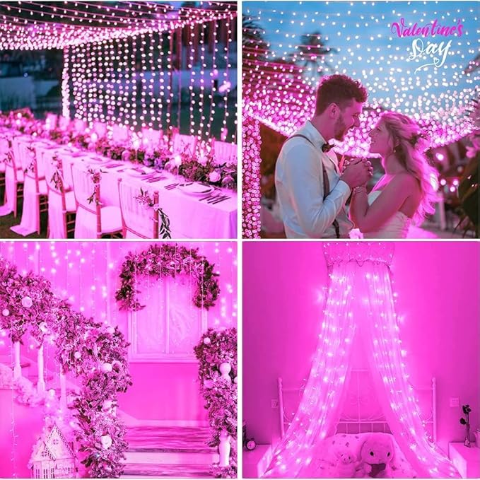 FULLBELL 66 Ft 200 LED Pink Christmas Lights - Waterproof Fairy Lights with Memory Function, 8 Modes, for Indoor Outdoor Holiday Party & Tree Decor.