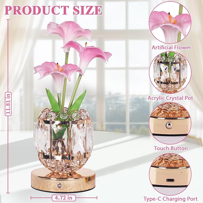 Flower Table Lamp, 3-Color Dimmable Artificial Flowers Night Light, Rechargeable Cordless Small Desk Lamp, Morning Glory with Crystal Vase for Party Date Home Decoration (Pink - Morning Glory)