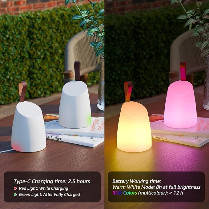 uuffoo 2 Pack Portable Outdoor Table Lamp LED Camping Lantern, Rechargeable Table Lamp with Remote, RGB & Warm White, IP44 Water-Resistant, Timer & Memory, Hanging Lantern for Patio, Garden, Camping