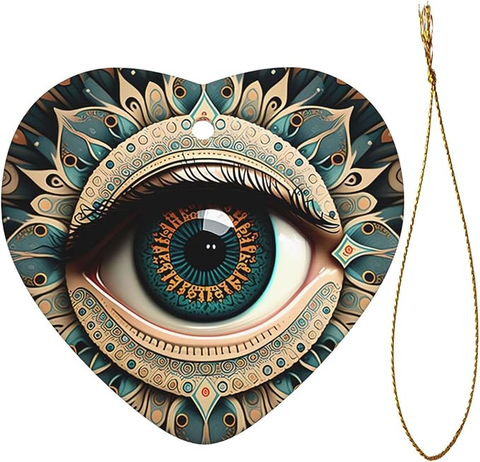 Ethnic Flowers Eye of Evil Christmas Ornaments, Christmas Decorations Xmas Tree Hanging Ornaments, Heart-Shaped Ceramic Festive Keepsake Gift for Christmas Decorations Holiday Home Party