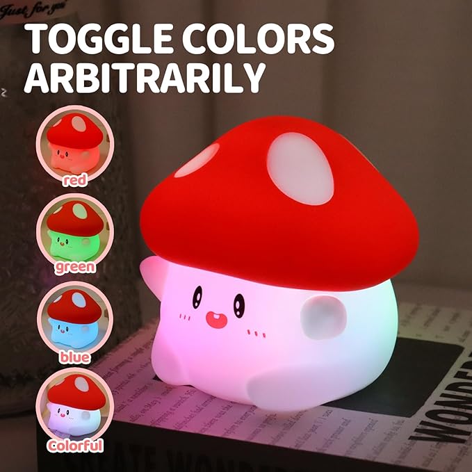 Mushroom Night Light, Color Changing & 50-Hour Battery, Squishy Lamp with Pat Control for Kids Room Decor, USB Rechargeable, Easter Gifts